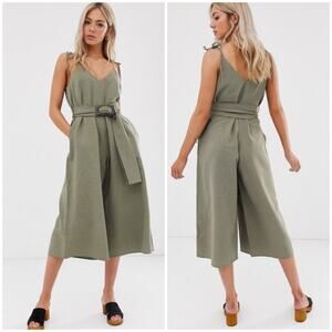 Moon River Spaghetti Strap Belted Jumpsuit Green L